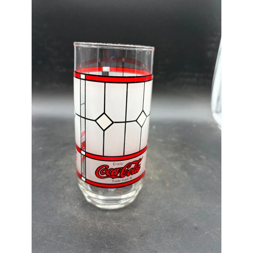 Vintage Coca-Cola Stained Glass Pattern Drinking Glass Tumbler Frosted 6 Inch